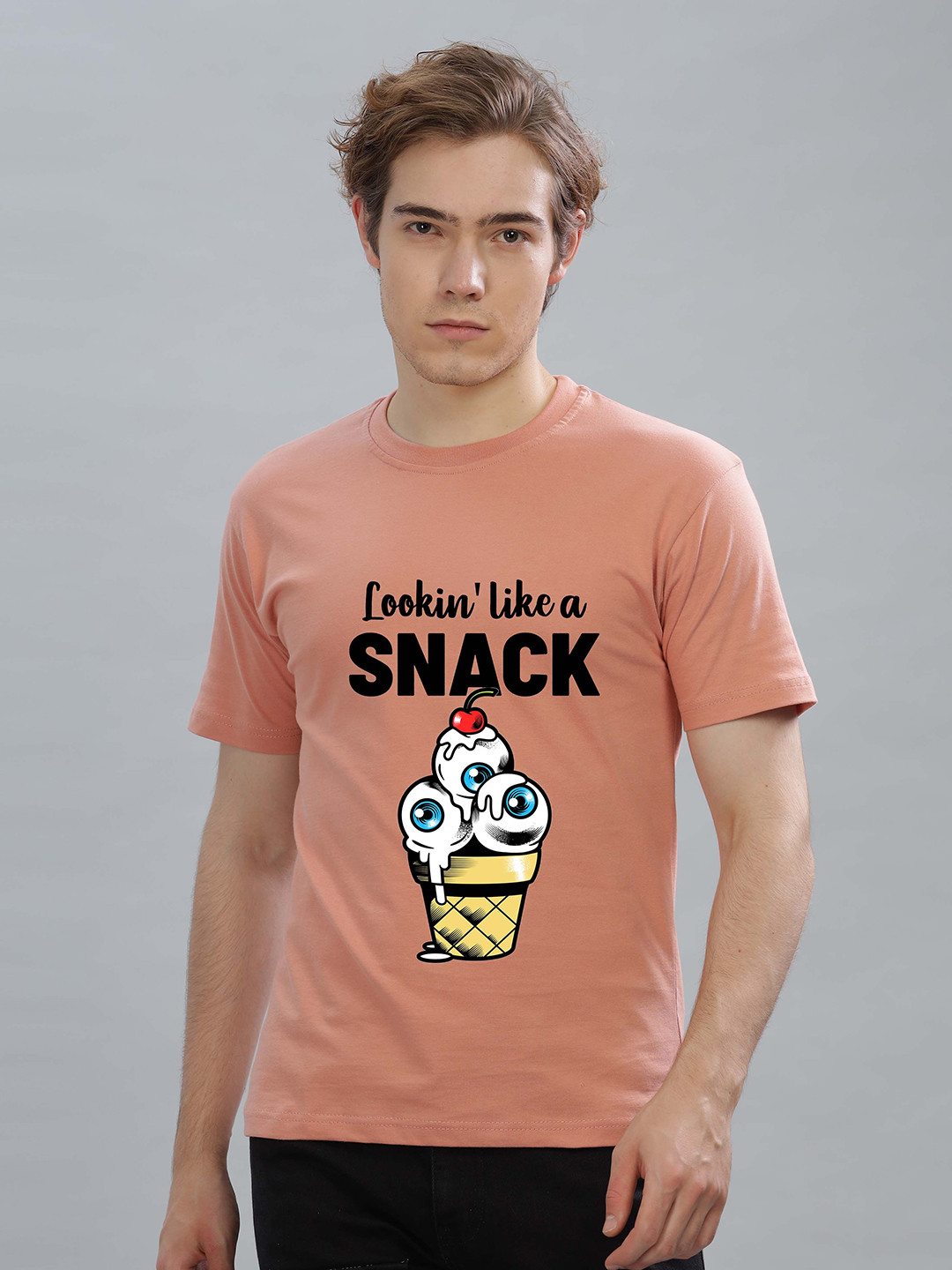 

FALTU.CO Men Printed Drop-Shoulder Sleeves Pure Cotton T-shirt, Peach