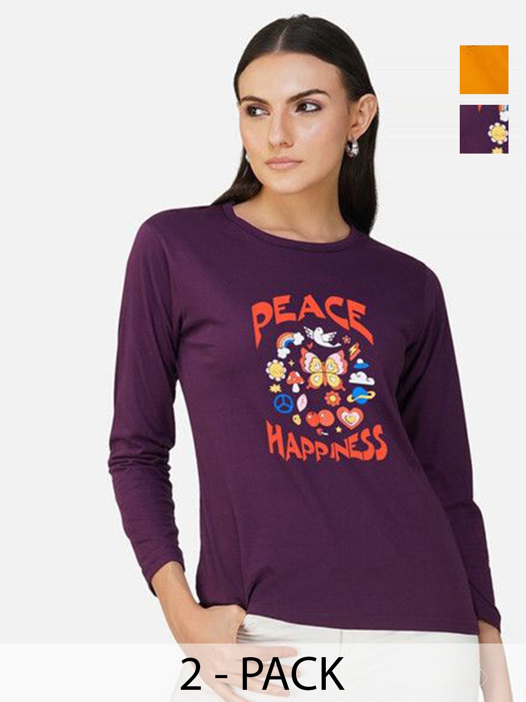 

Metronaut Women 2 Printed Bio Finish Applique T-shirt, Mustard