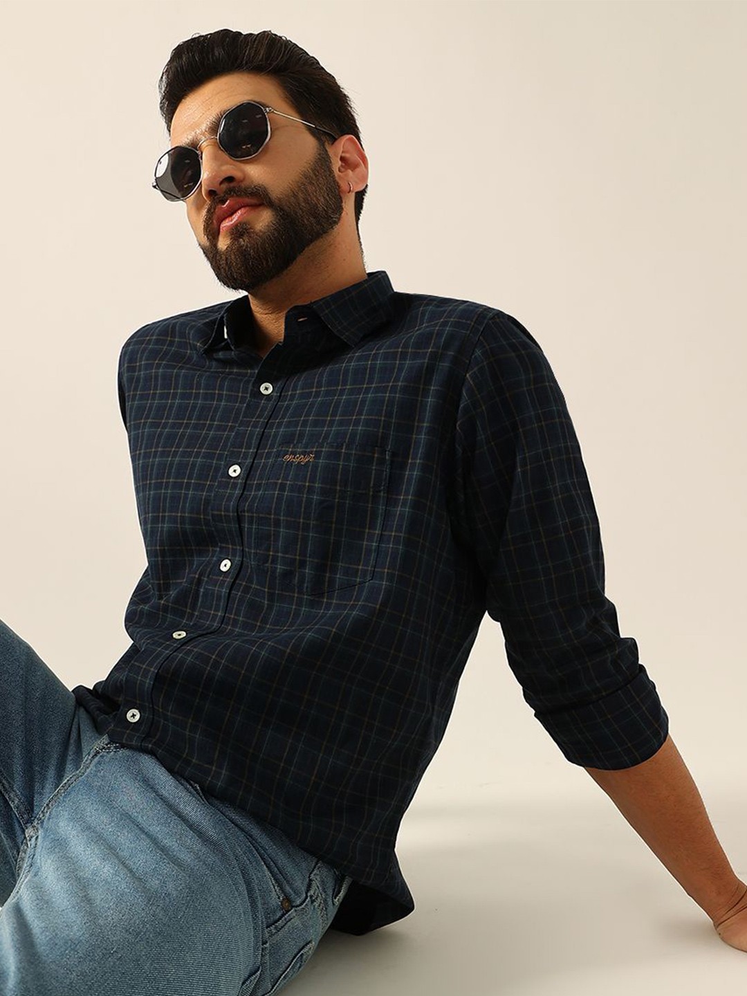 

ENSPYR Men Opaque Checked Casual Shirt, Navy blue