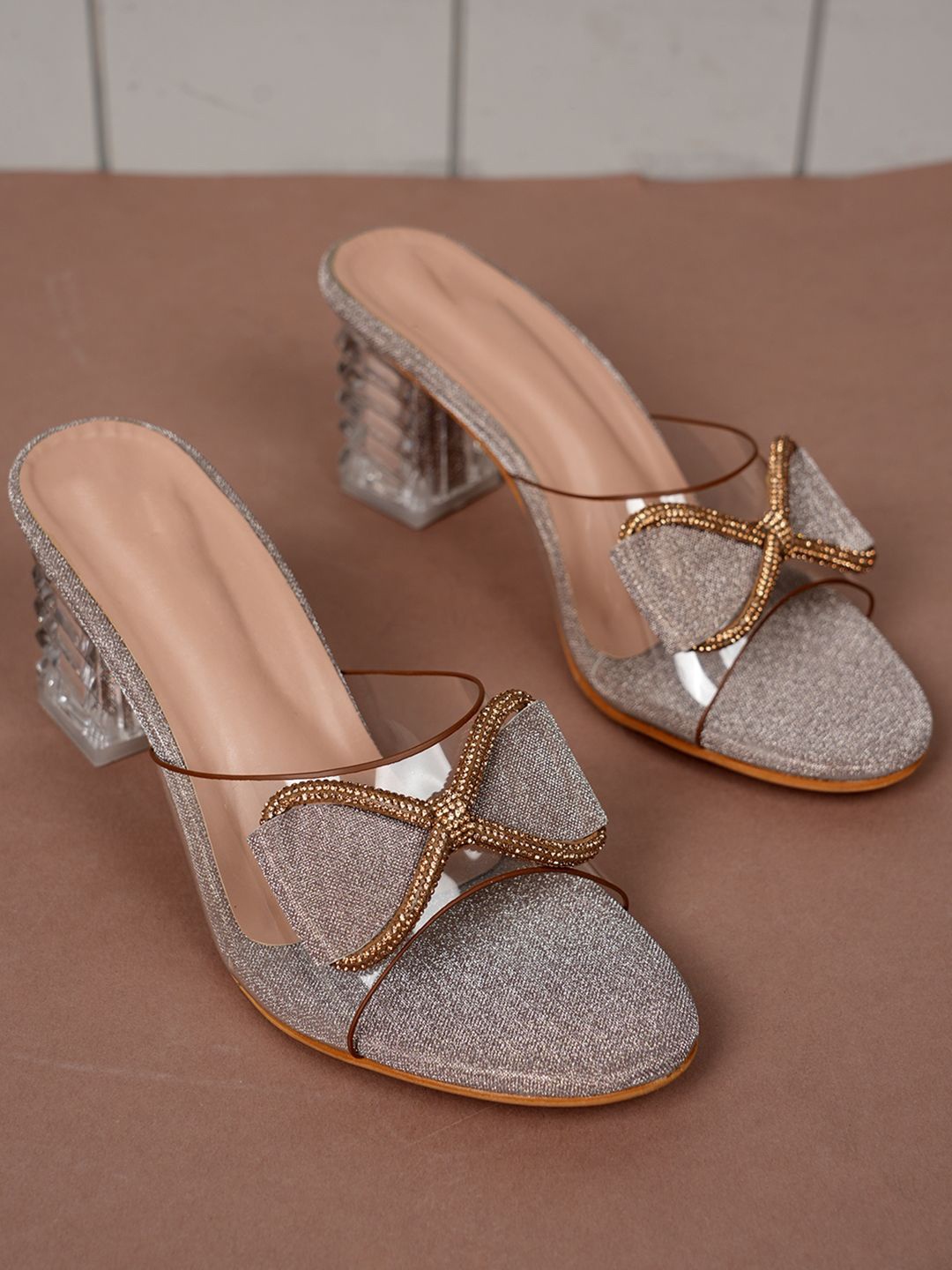 

Style Shoes Embellished Block Sandals with Bows, Copper
