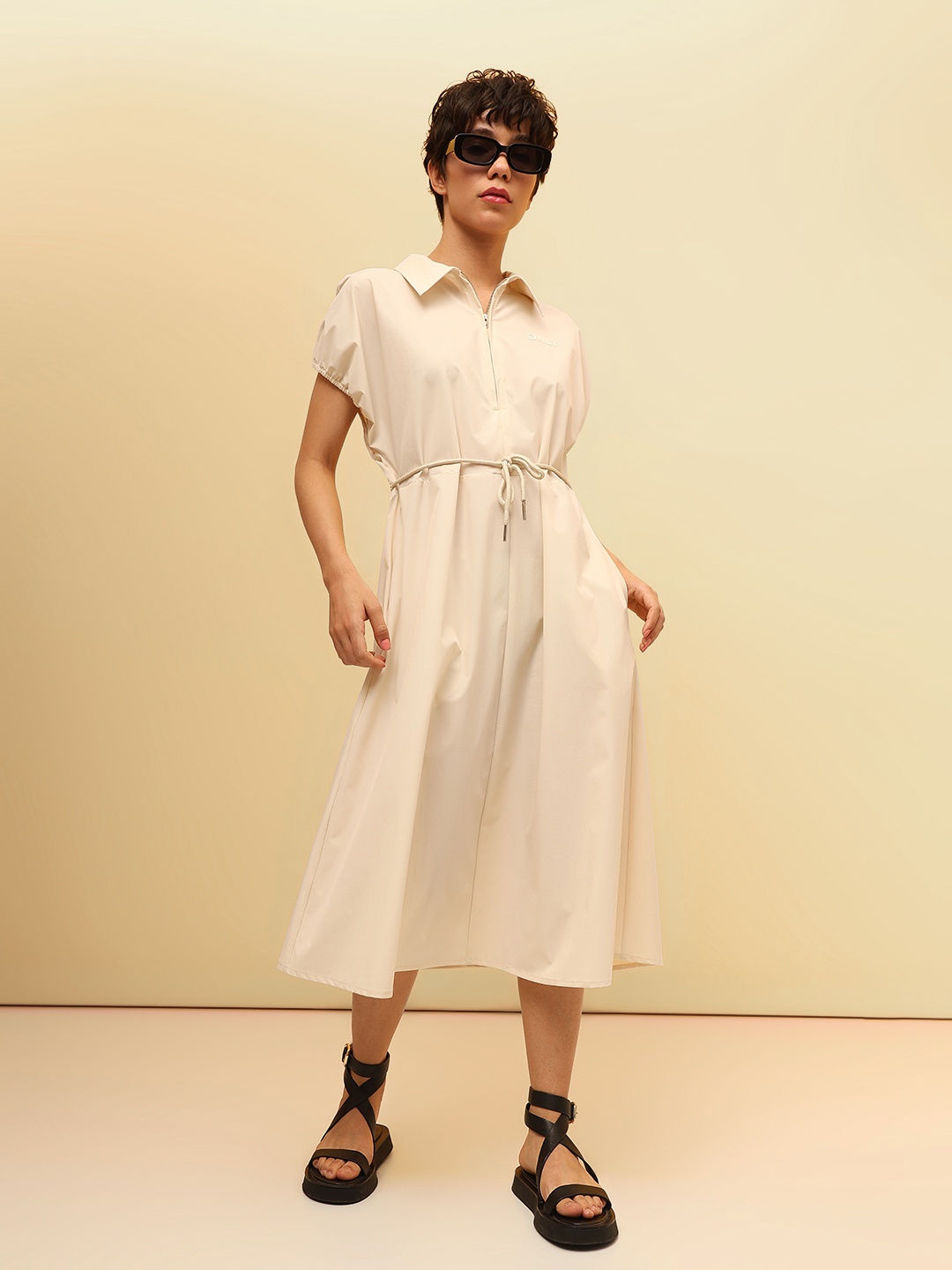 

ONLY Puff Sleeve Shirt Midi Dress, Cream