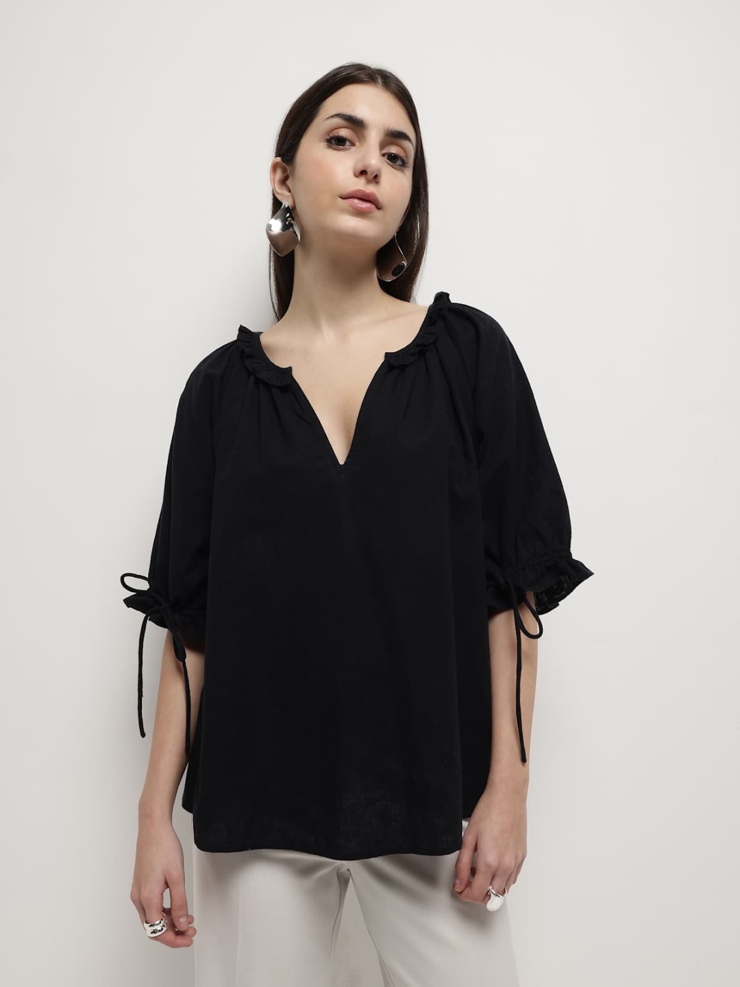 

Marks & Spencer Puff Sleeve Linen Top, Black