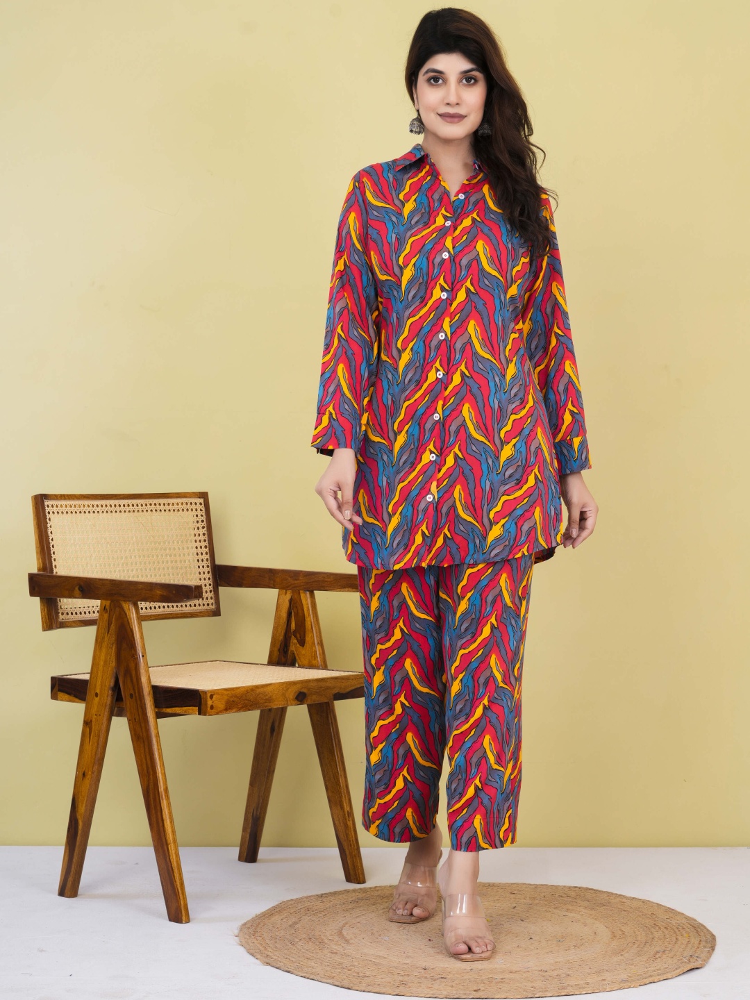 

GATIM Printed Collared Neck Knee-Length Full Sleeves Tunic With Trousers Co-Ords, Blue