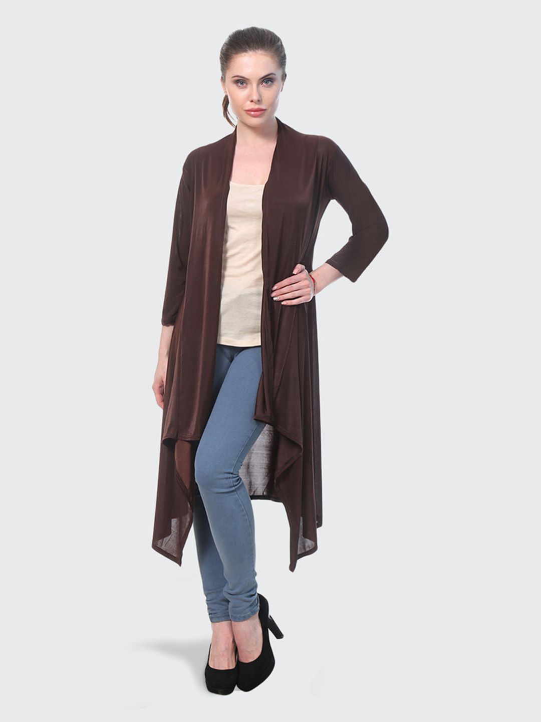 

DIMPY GARMENTS V-Neck Longline Open Front Shrug, Brown