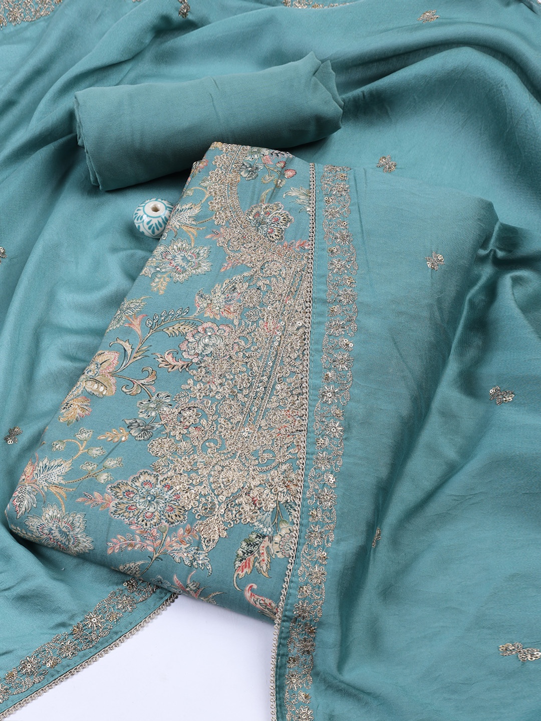 

Meena Bazaar Printed Unstitched Dress Material, Sea green