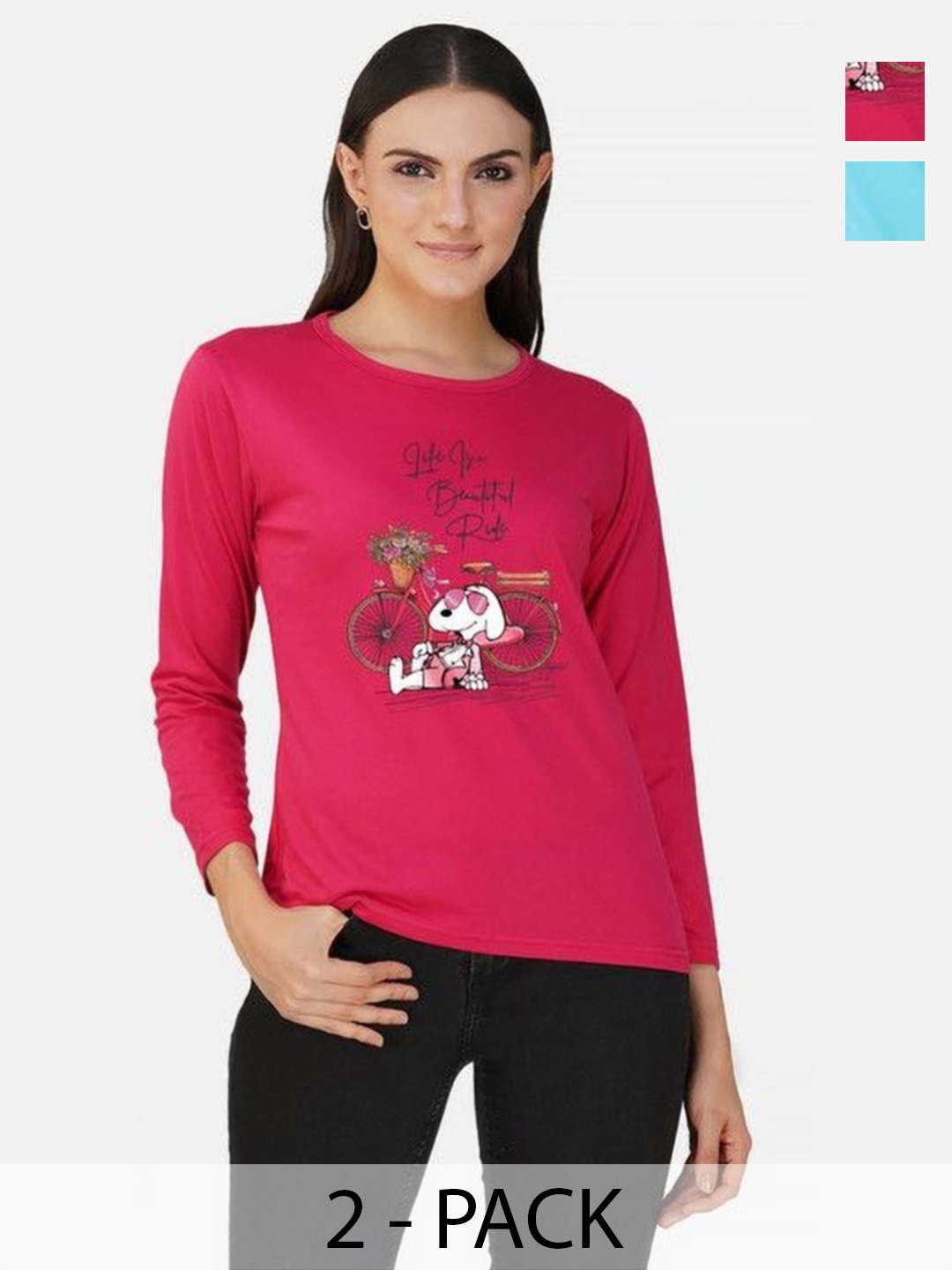 

Metronaut Women 2 Printed Bio Finish Applique T-shirt, Turquoise blue