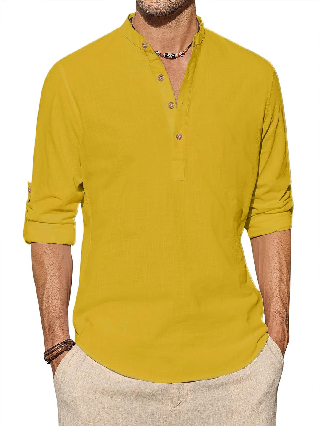 

EdinWolf Band Collar Straight Pure Cotton Kurta, Yellow