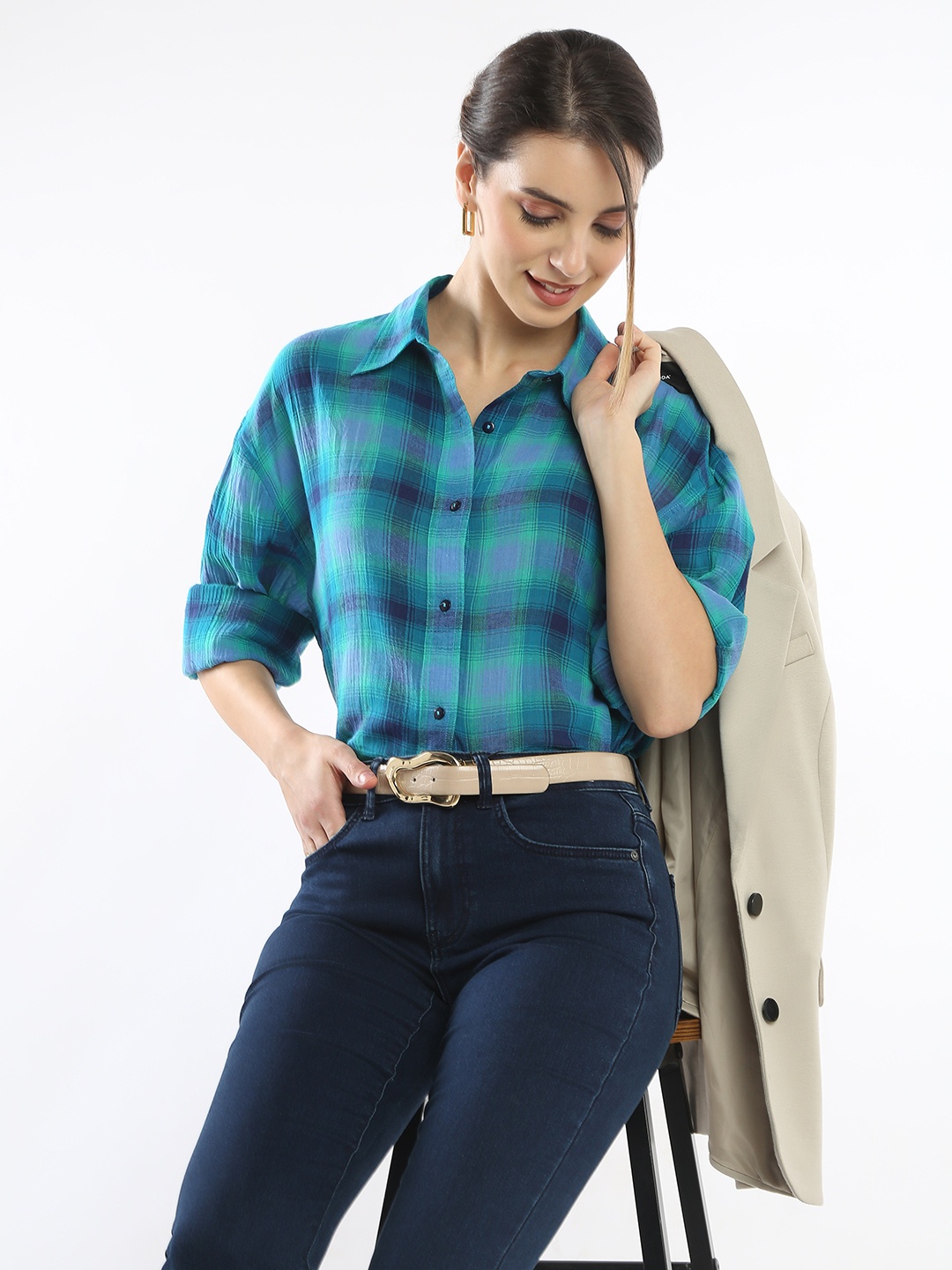 

Gazillion Women Comfort Tartan Checks Opaque Checked Casual Shirt, Blue