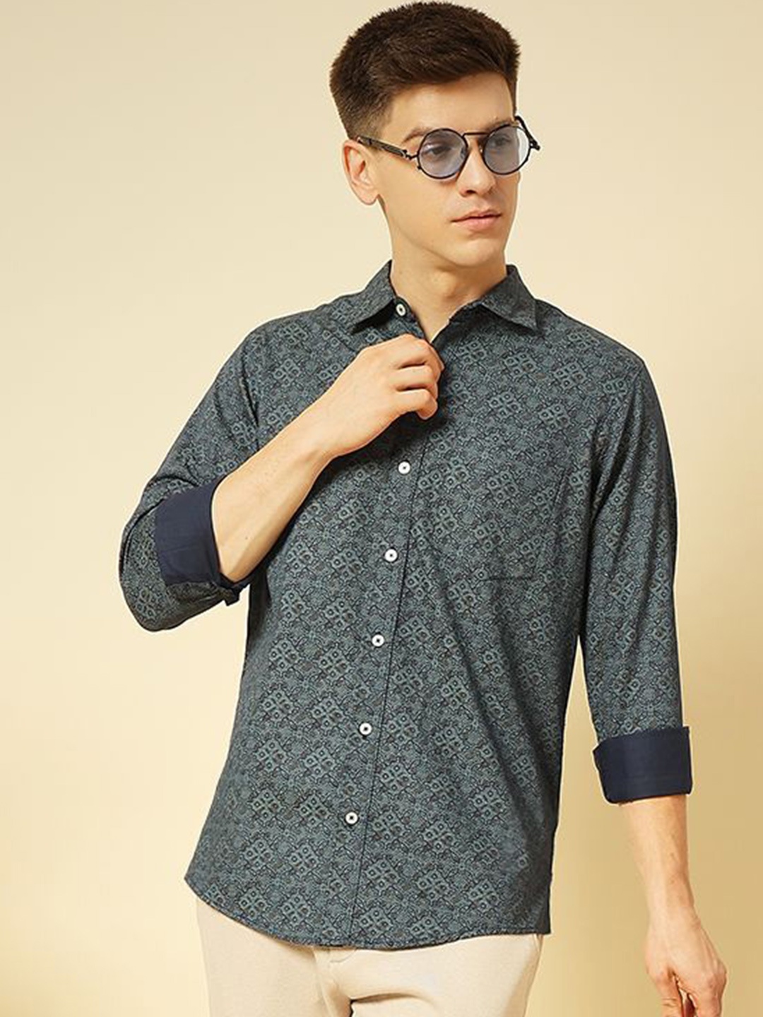 

ENSPYR Men Opaque Printed Casual Shirt, Navy blue