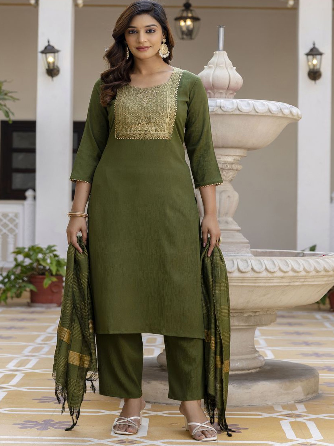 

KALINI Women Ethnic Motifs Yoke Design Regular Kurta with Trousers & With Dupatta, Olive