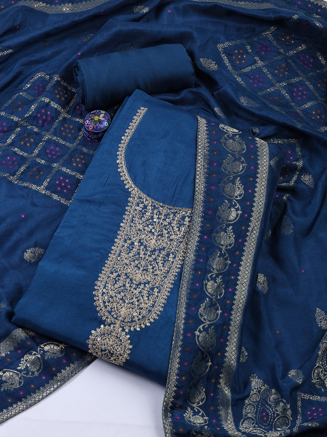 

Meena Bazaar Embroidered Art Silk Unstitched Dress Material, Navy blue