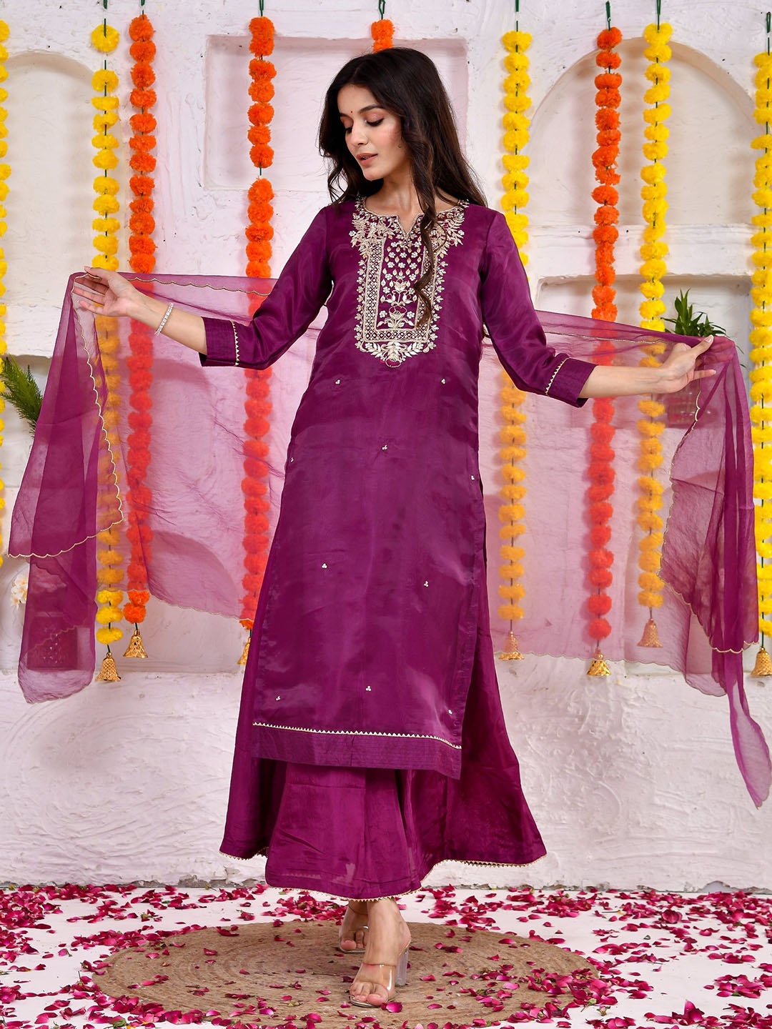 

DRESENCE Women Ethnic Motifs Embroidered Regular Zardozi Pure Silk Kurta with Palazzos & With Dupatta, Purple