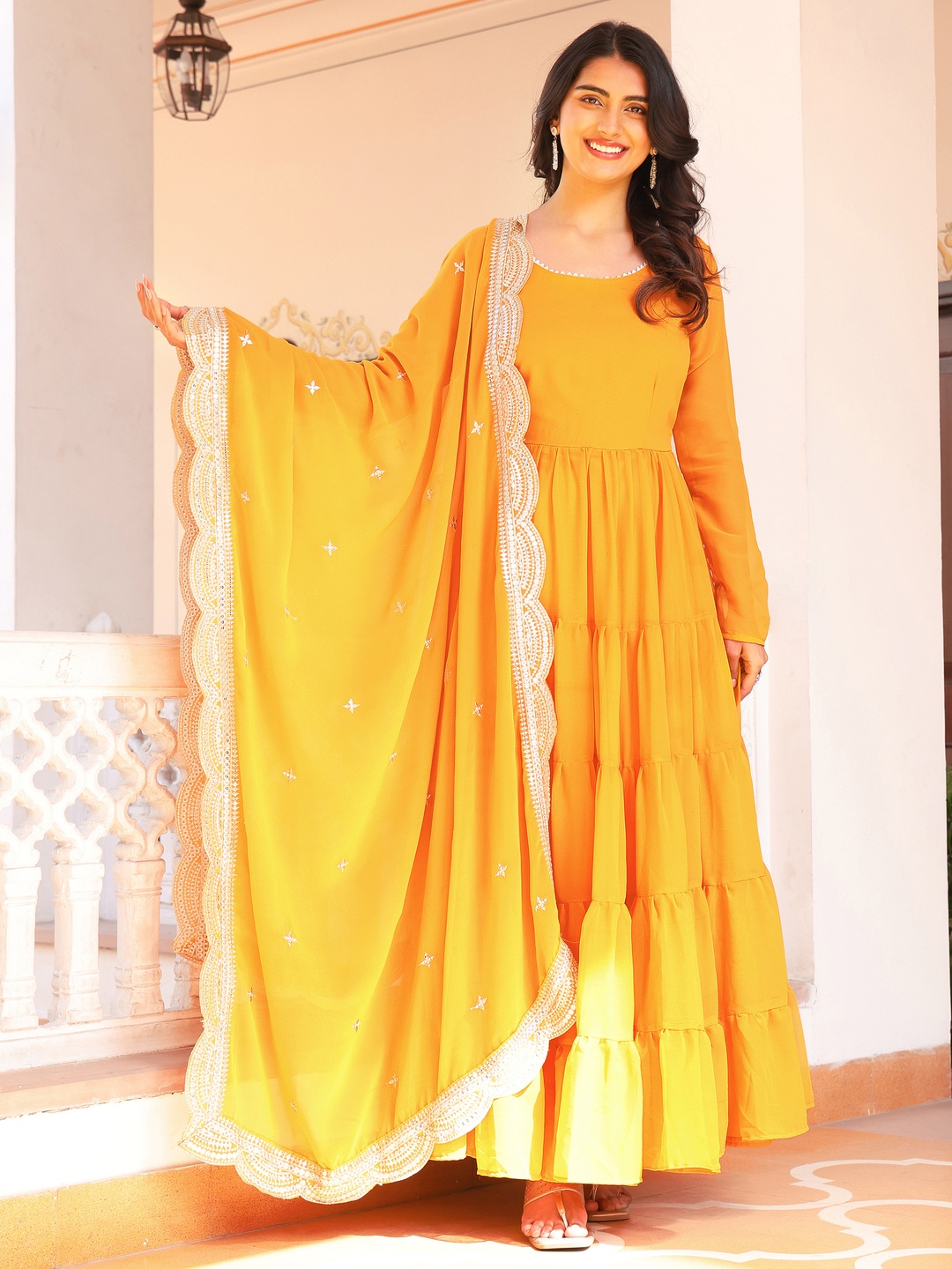 

KALINI Women Tiered Kurta with Pyjamas & With Dupatta, Yellow
