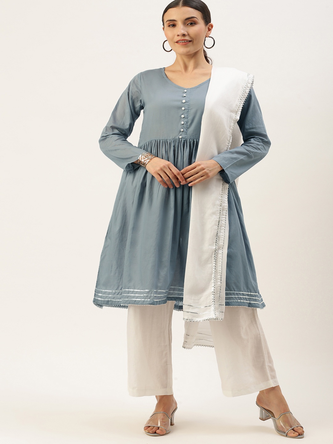 

Fourleaf Women Regular Pure Cotton Kurti with Trousers & With Dupatta, Grey