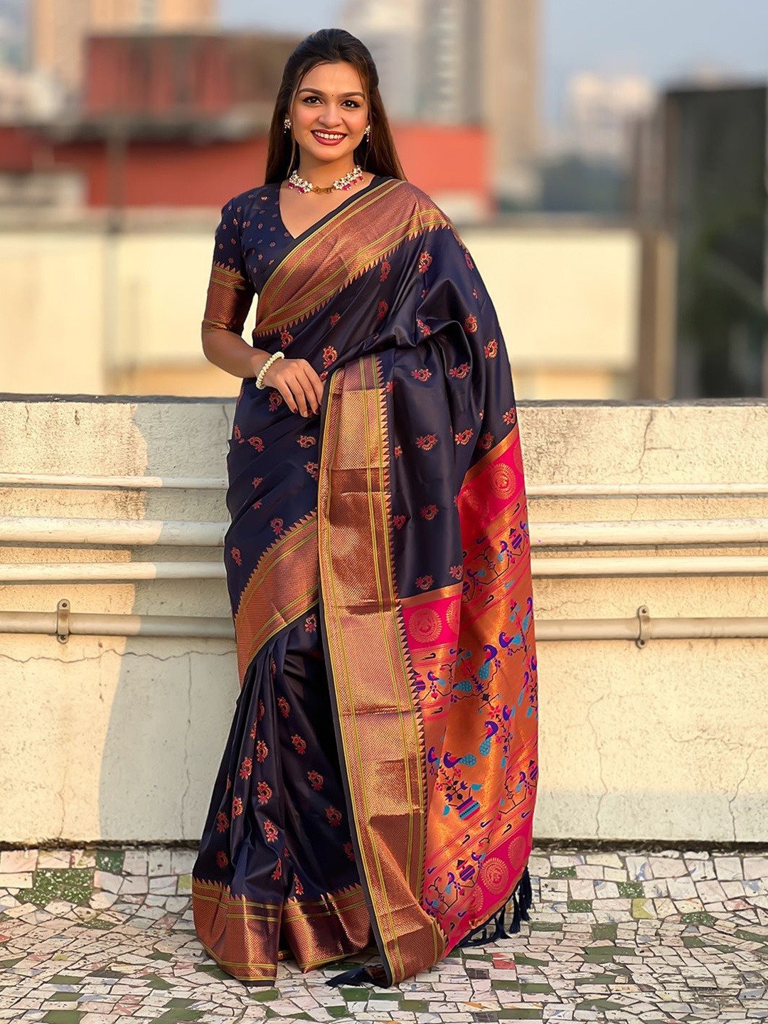 

LeeliPeeri Designer Woven Design Zari Silk Blend Paithani Saree, Navy blue
