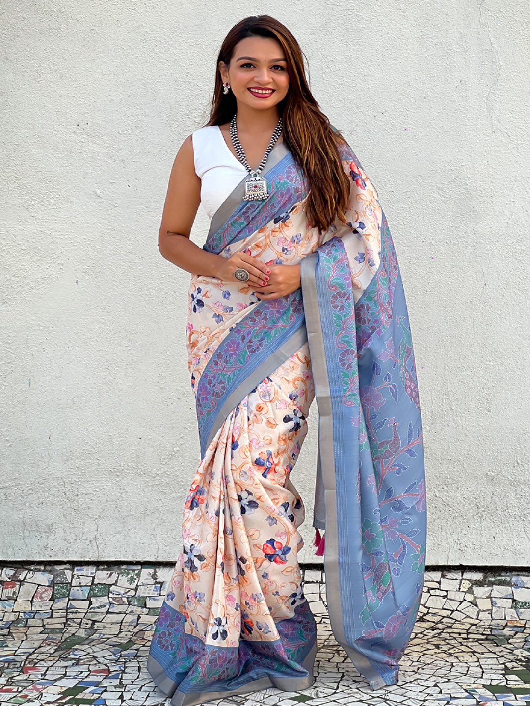 

all about you Floral Zari Silk Blend Tussar Saree, Cream