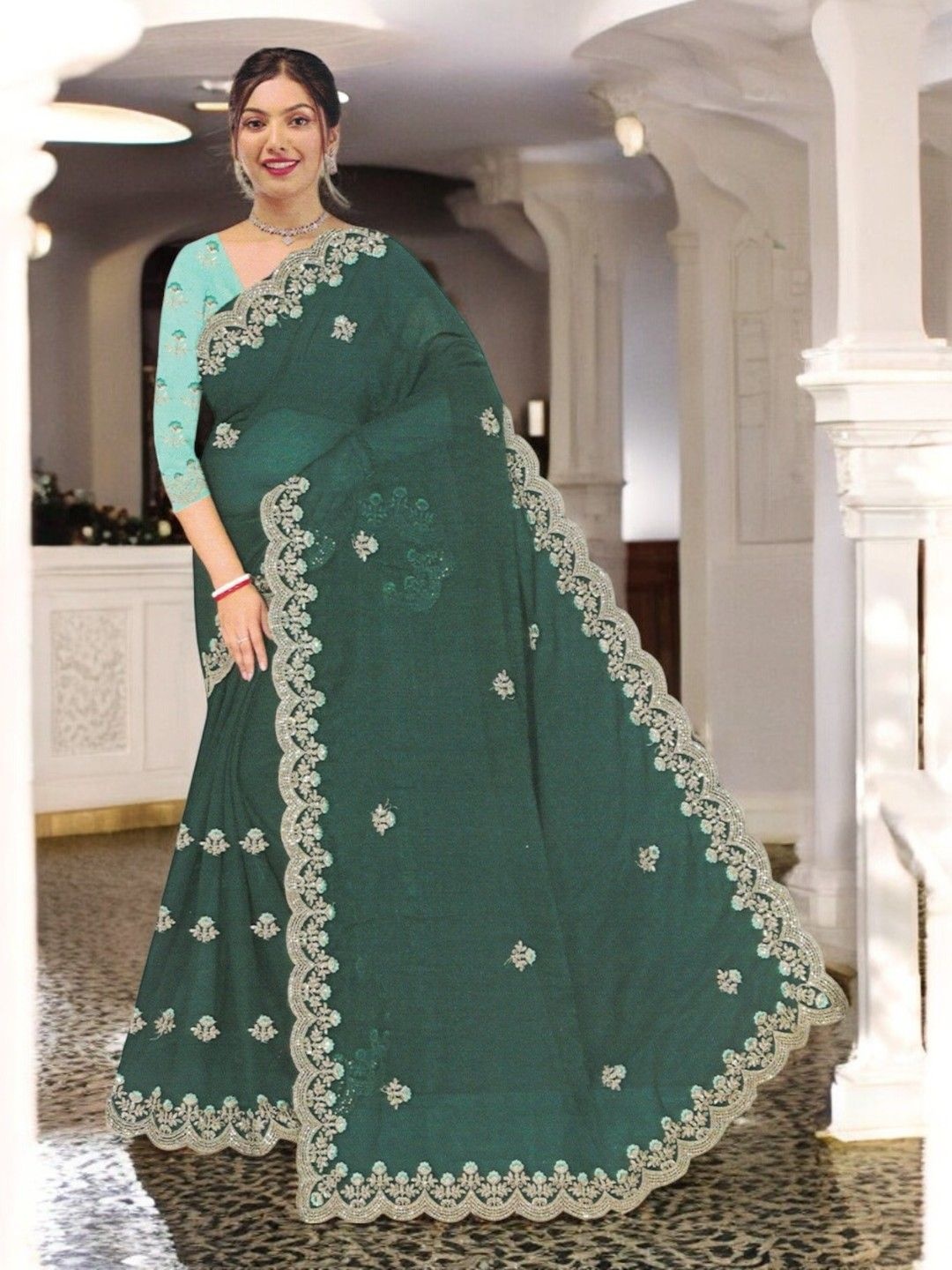 

SHOPPKEE Embellished Sequinned Silk Blend Chanderi Saree, Green