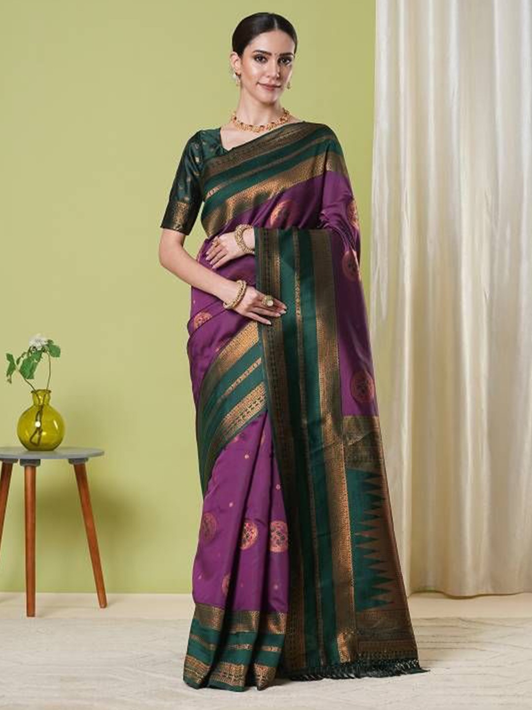 

HERE&NOW Woven Design Zari Silk Blend Banarasi Saree, Purple