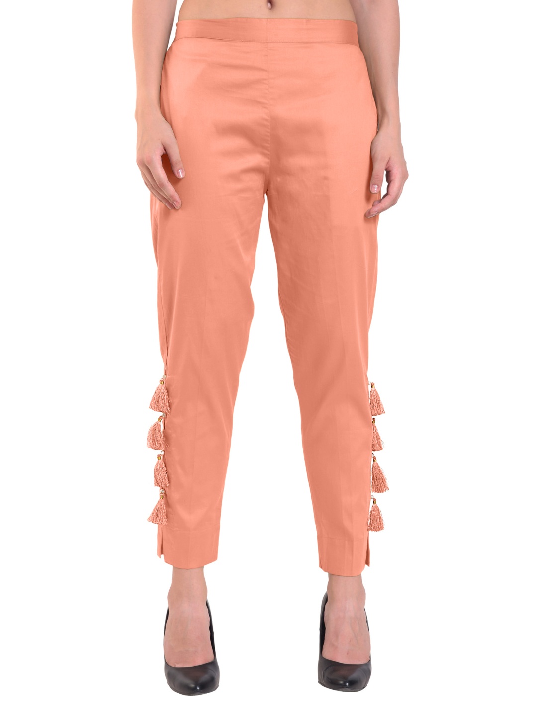

FLOREOS Women Textured Comfort Easy Wash Trousers, Peach