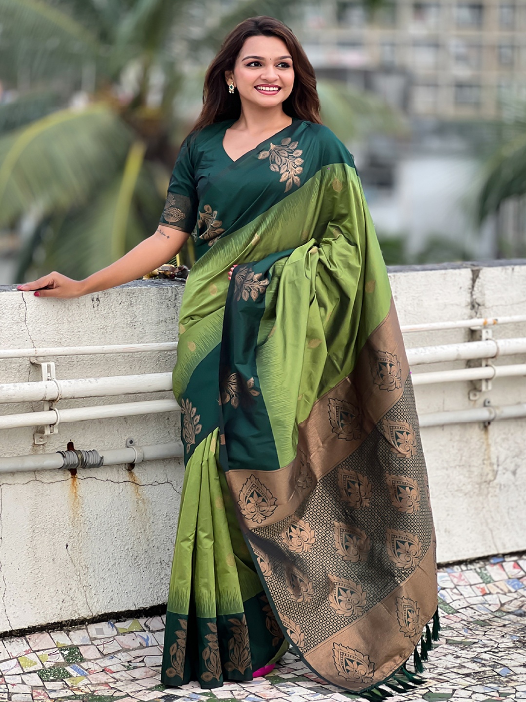 

all about you Woven Design Silk Blend Banarasi Saree, Olive
