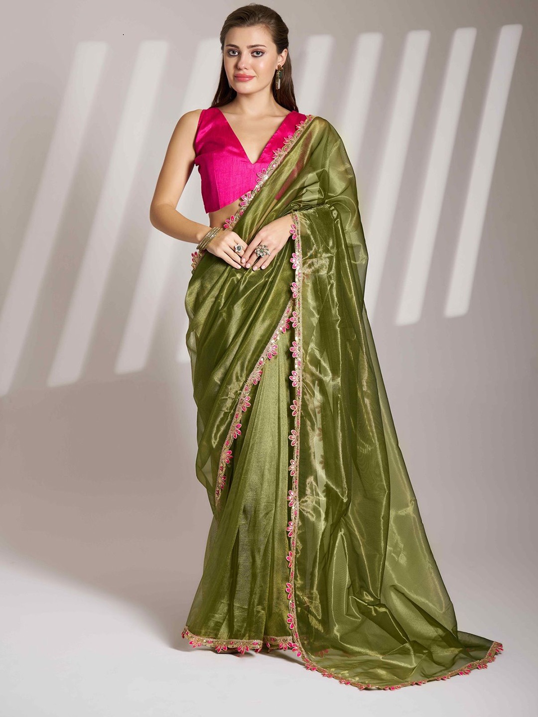 

HERE&NOW Embroidered Net Tussar Saree, Green
