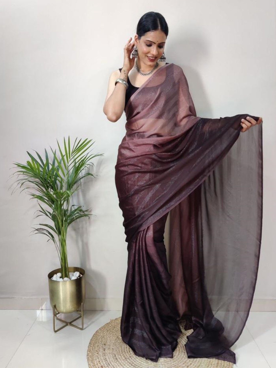 

Rangtulika Ethnics Striped Pure Georgette Ready to Wear Saree, Brown