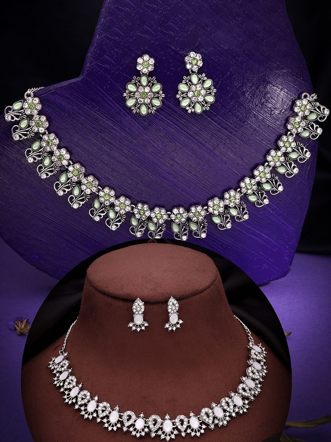 

DIVASTRI Set Of 2 Silver Plated American Diamond Studded Jewellery Set