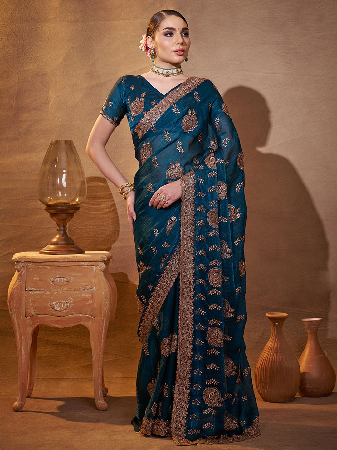 

Kalista Ethnic Motifs Zari Satin Saree, Navy blue