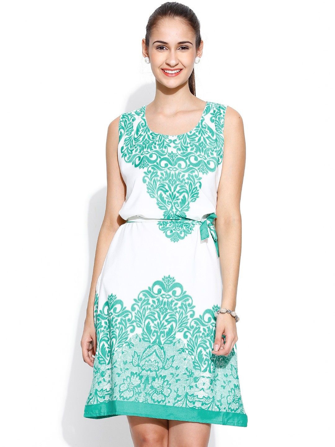 

Moda Rapido Ethnic Motifs Print Crepe A-Line Dress, Sea green