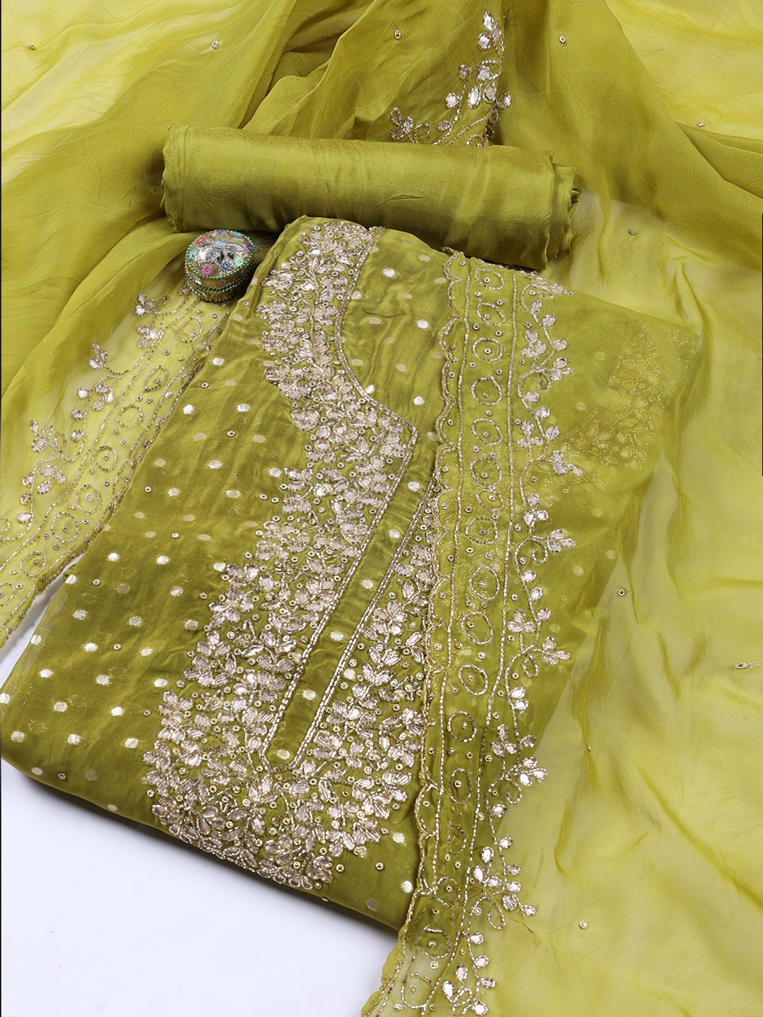 

Meena Bazaar Embellished Art Silk Unstitched Dress Material, Green