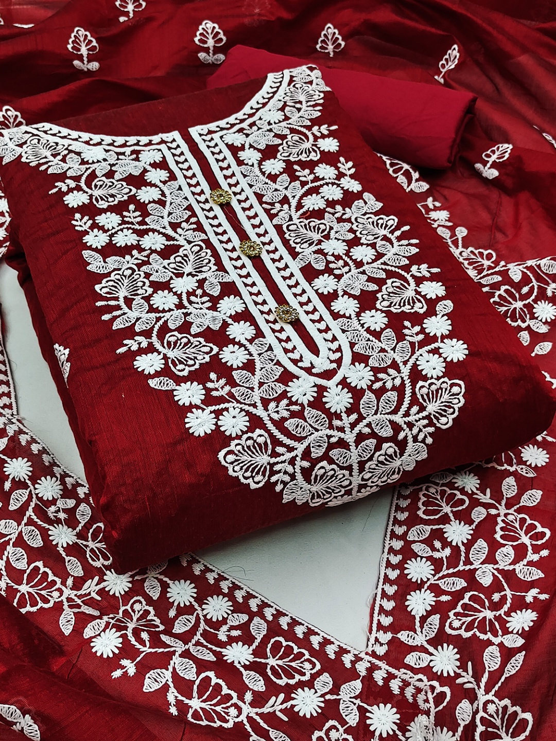 

Leeza Store Unstitched Dress Material, Red