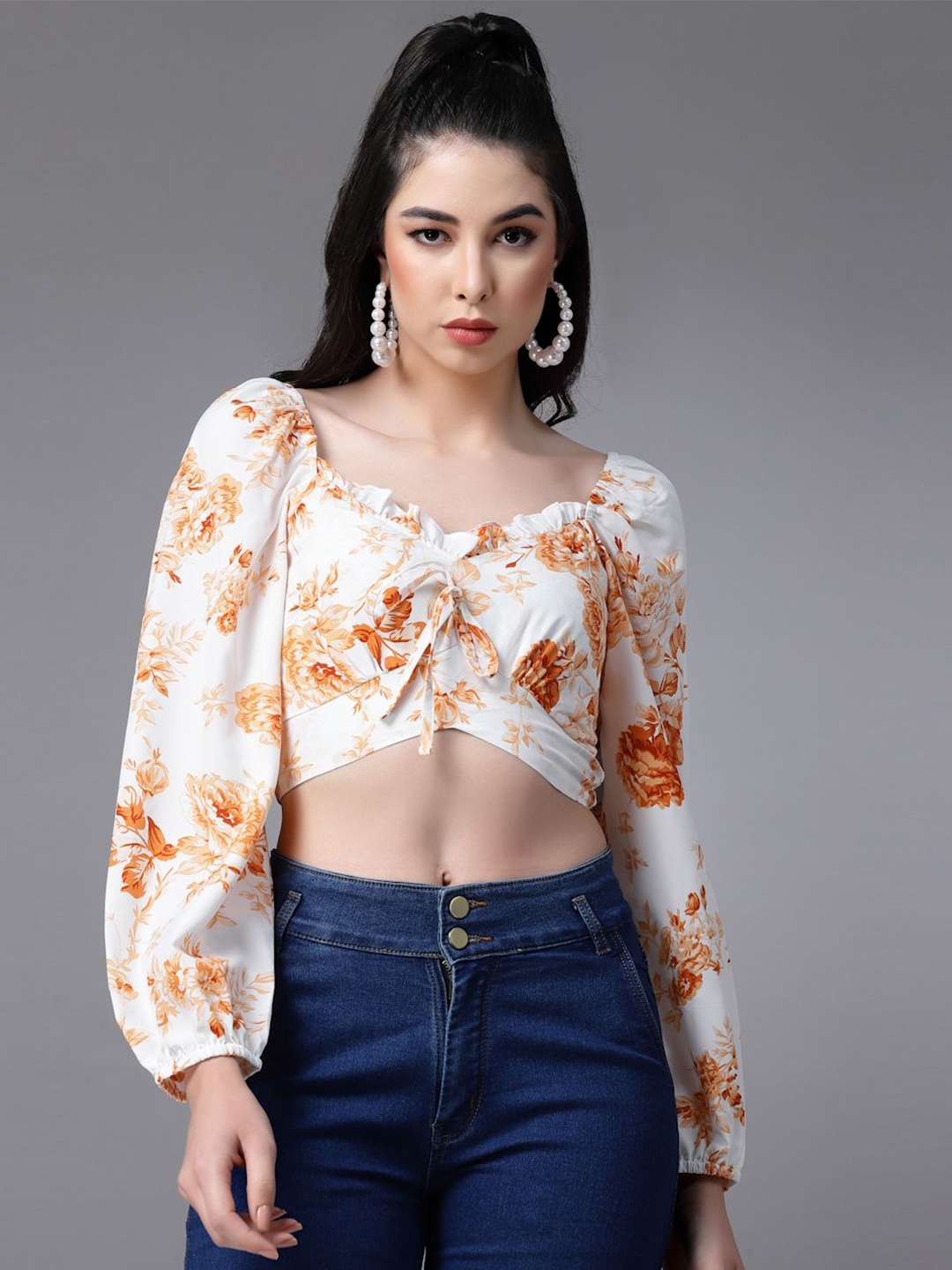 

DressBerry Floral Print Sweetheart Neck Crepe Crop Top, Orange
