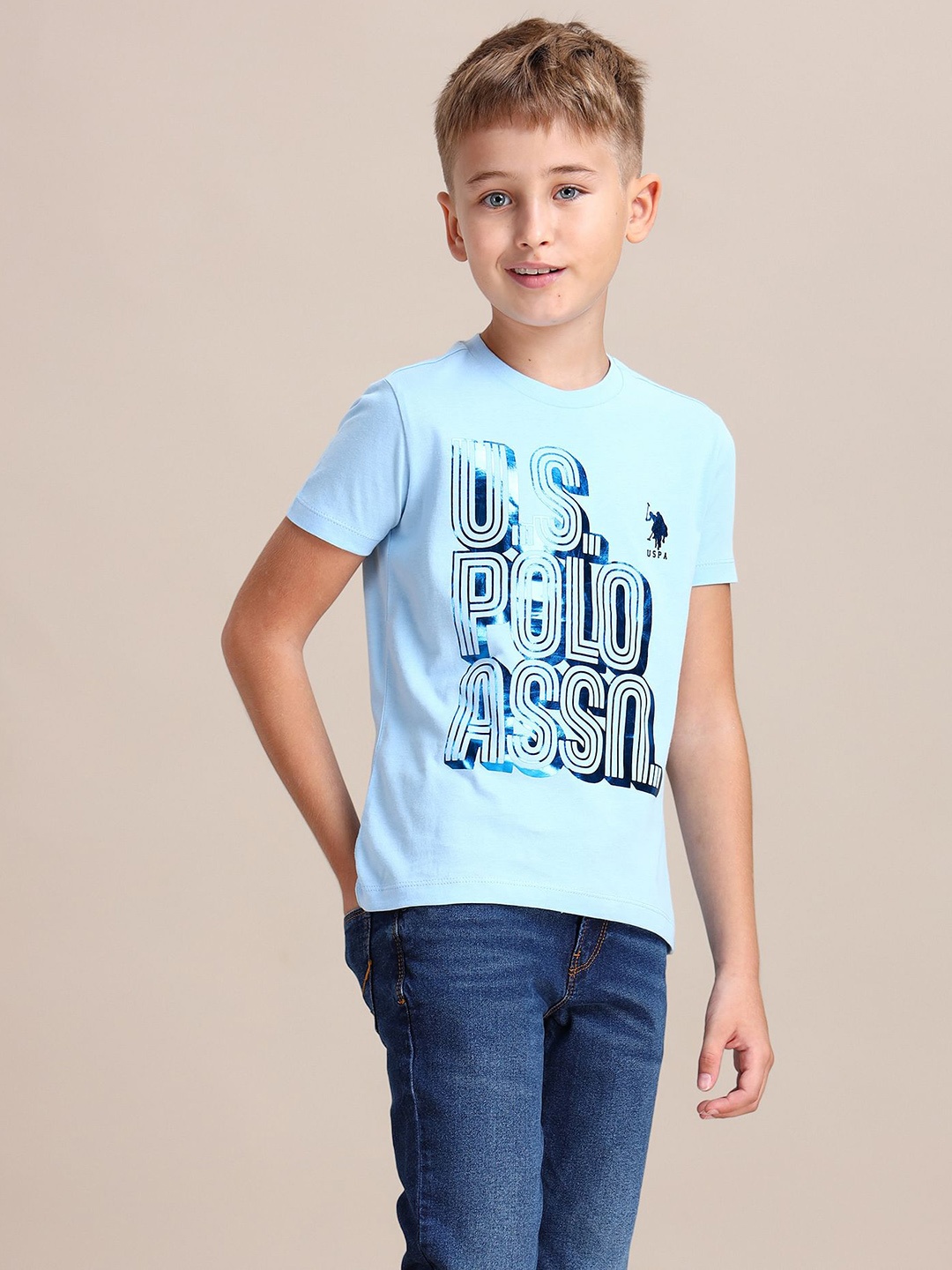 

U.S. Polo Assn. Kids Boys Brand Logo Printed Pure Cotton T-shirt, Blue