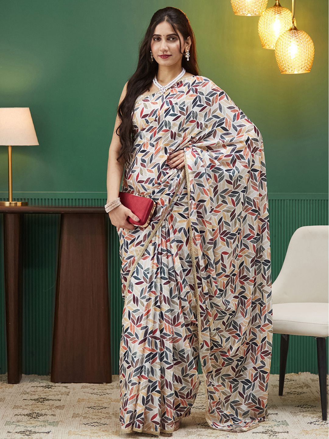 

all about you Ethnic Motifs Satin Saree, Off white