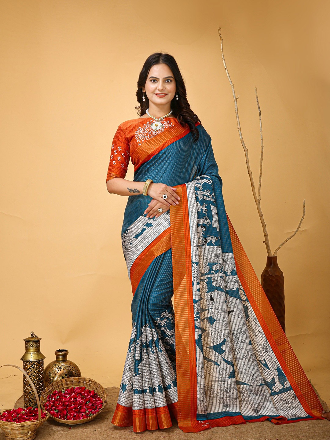 

Rangtulika Ethnics Kalamkari Zari Saree, Blue
