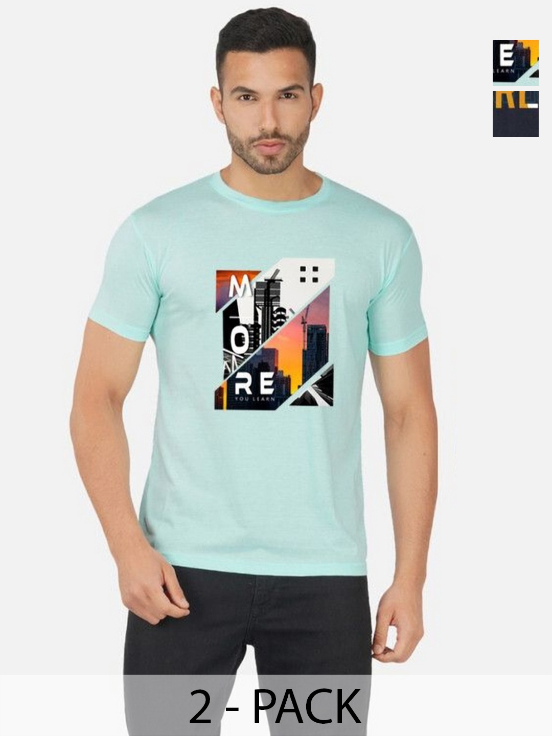 

GLOBAL NOMAD Men 2 Printed Bio Finish Applique T-shirt, Turquoise blue