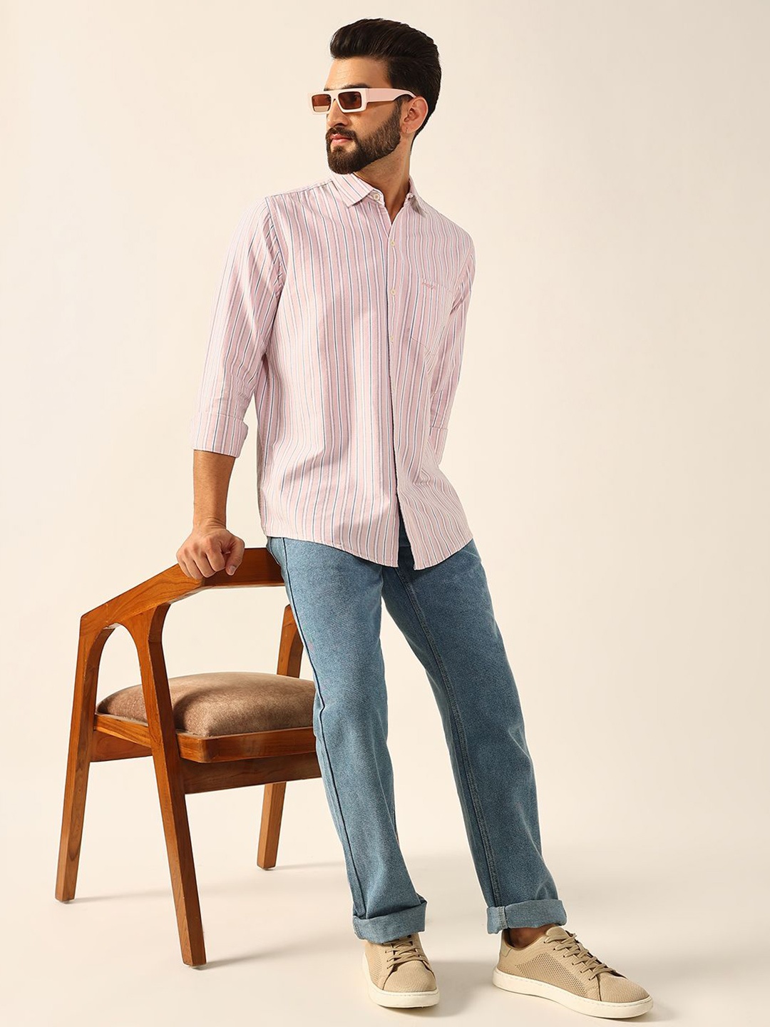 

ENSPYR Men Opaque Striped Casual Shirt, Pink