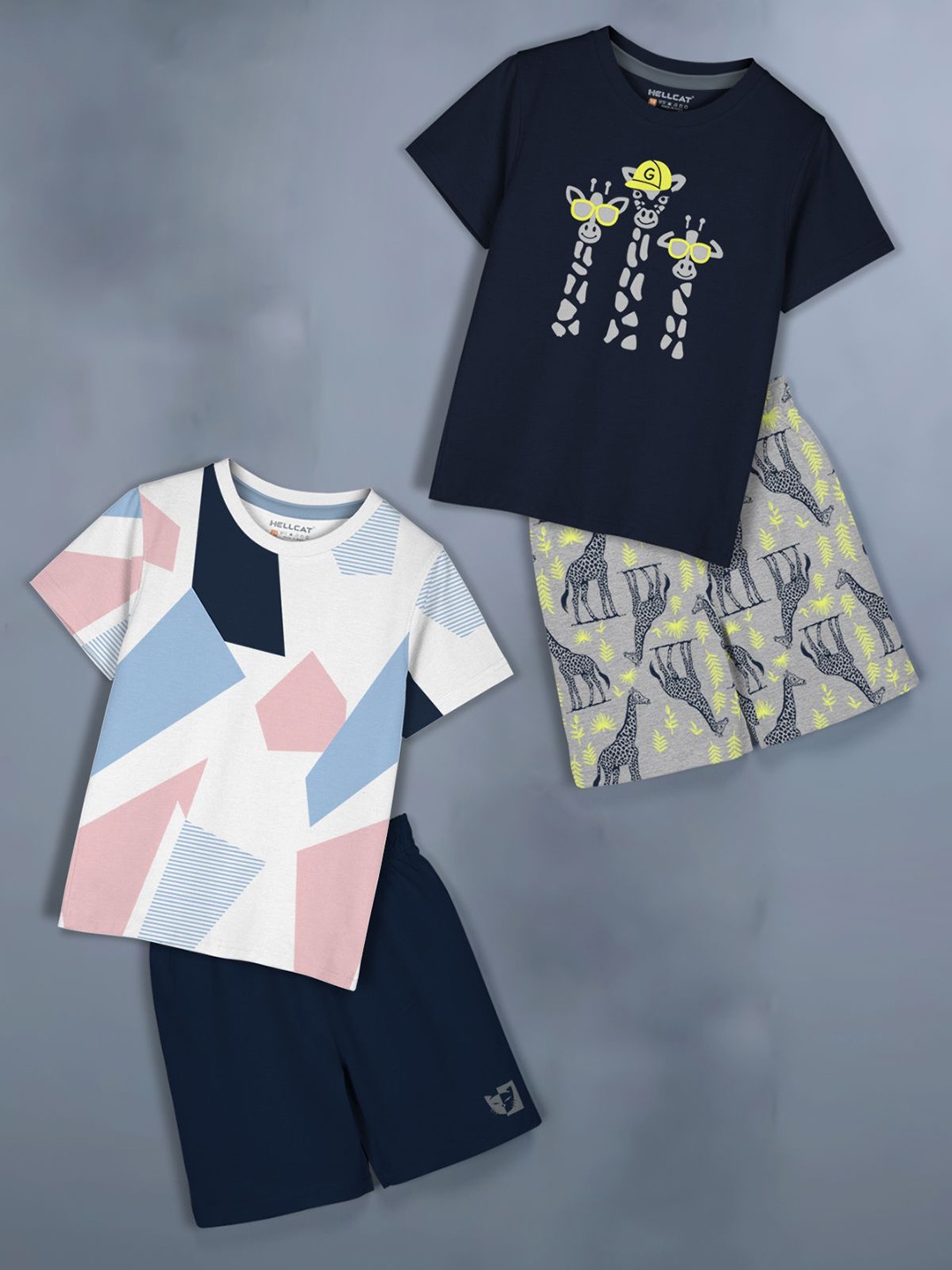 

HELLCAT Girls Pack of 2 Printed Round Neck T-Shirts With Shorts, Navy blue