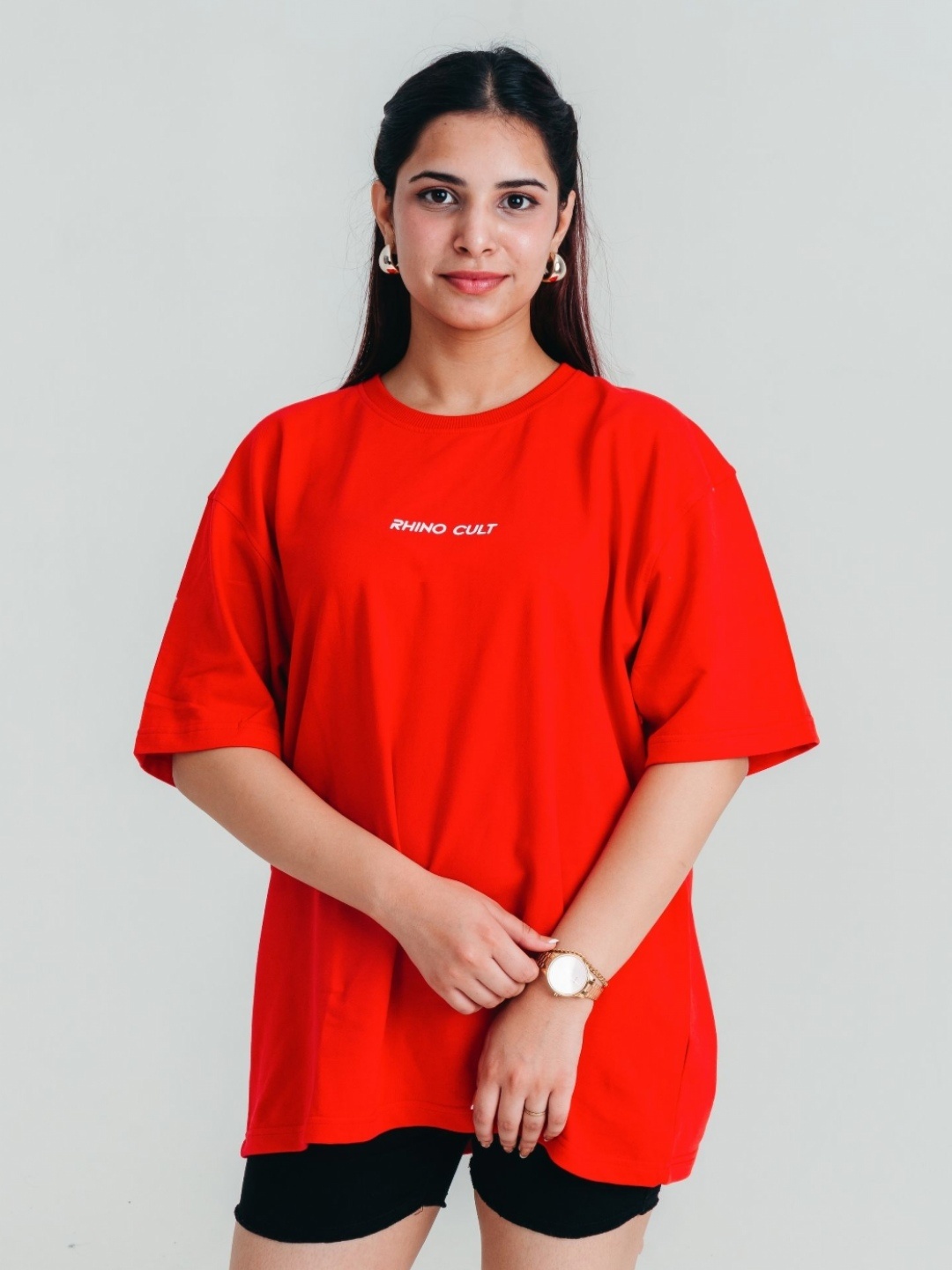 

RHINO CULT Women Drop-Shoulder Sleeves Applique T-shirt, Red