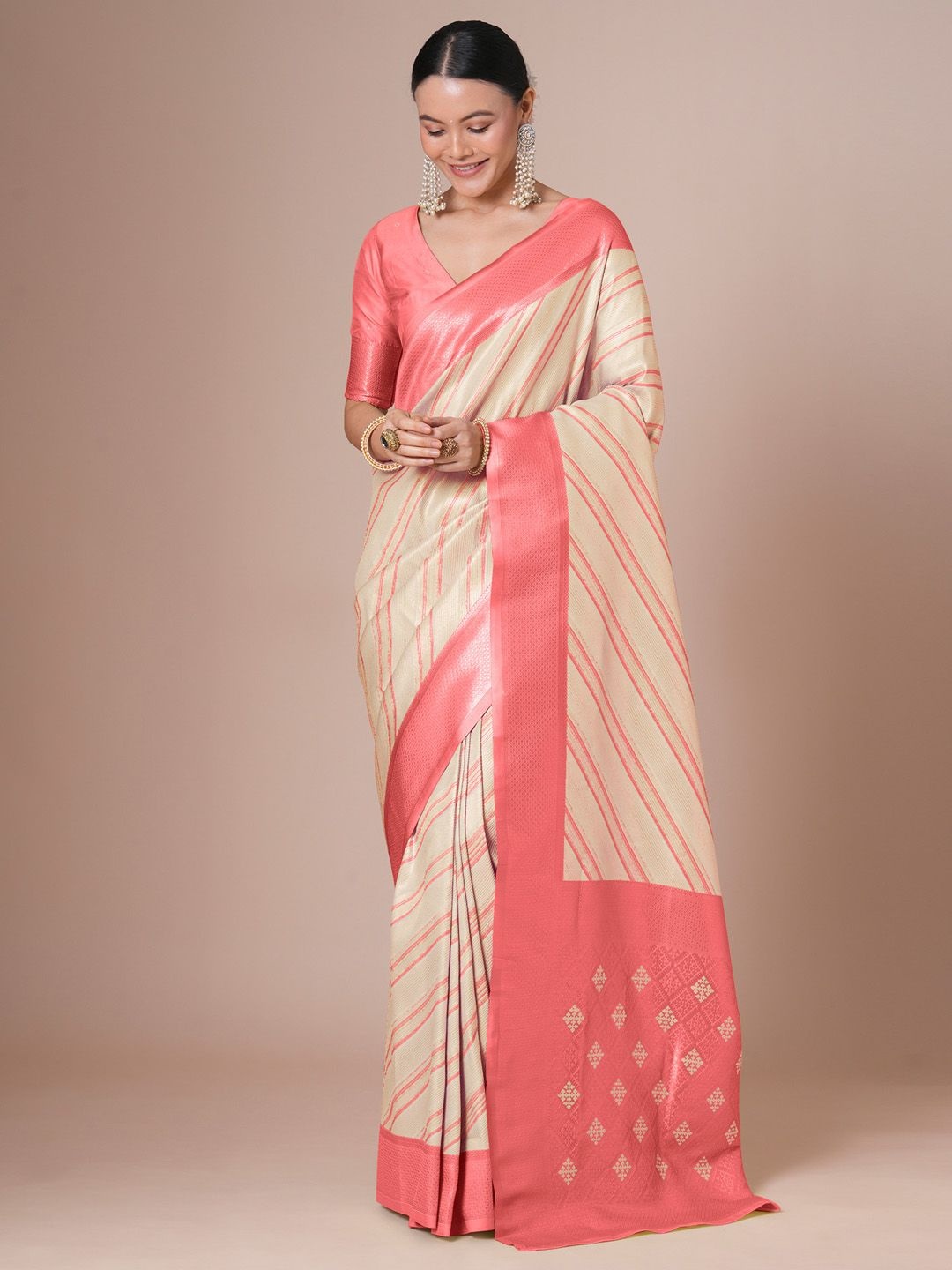 

House of Pataudi Banarasi Woven Design Saree With Blouse Piece, Cream