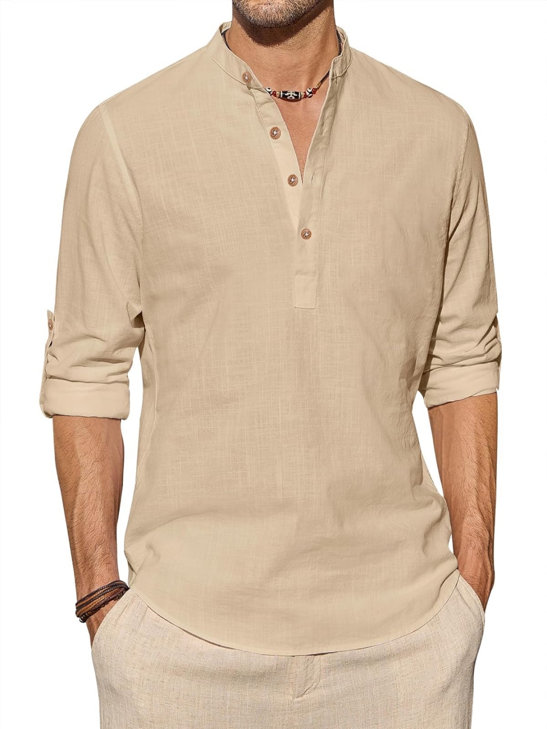 

EdinWolf Pure Cotton Band Collar Roll-Up Sleeves Short Kurta, Beige