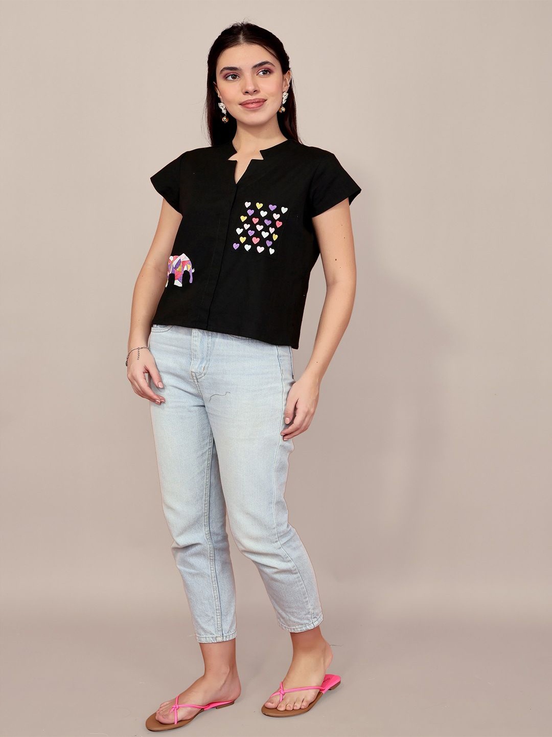 

Kaajal by Vidhi Animal Embroidered Cotton Top, Black
