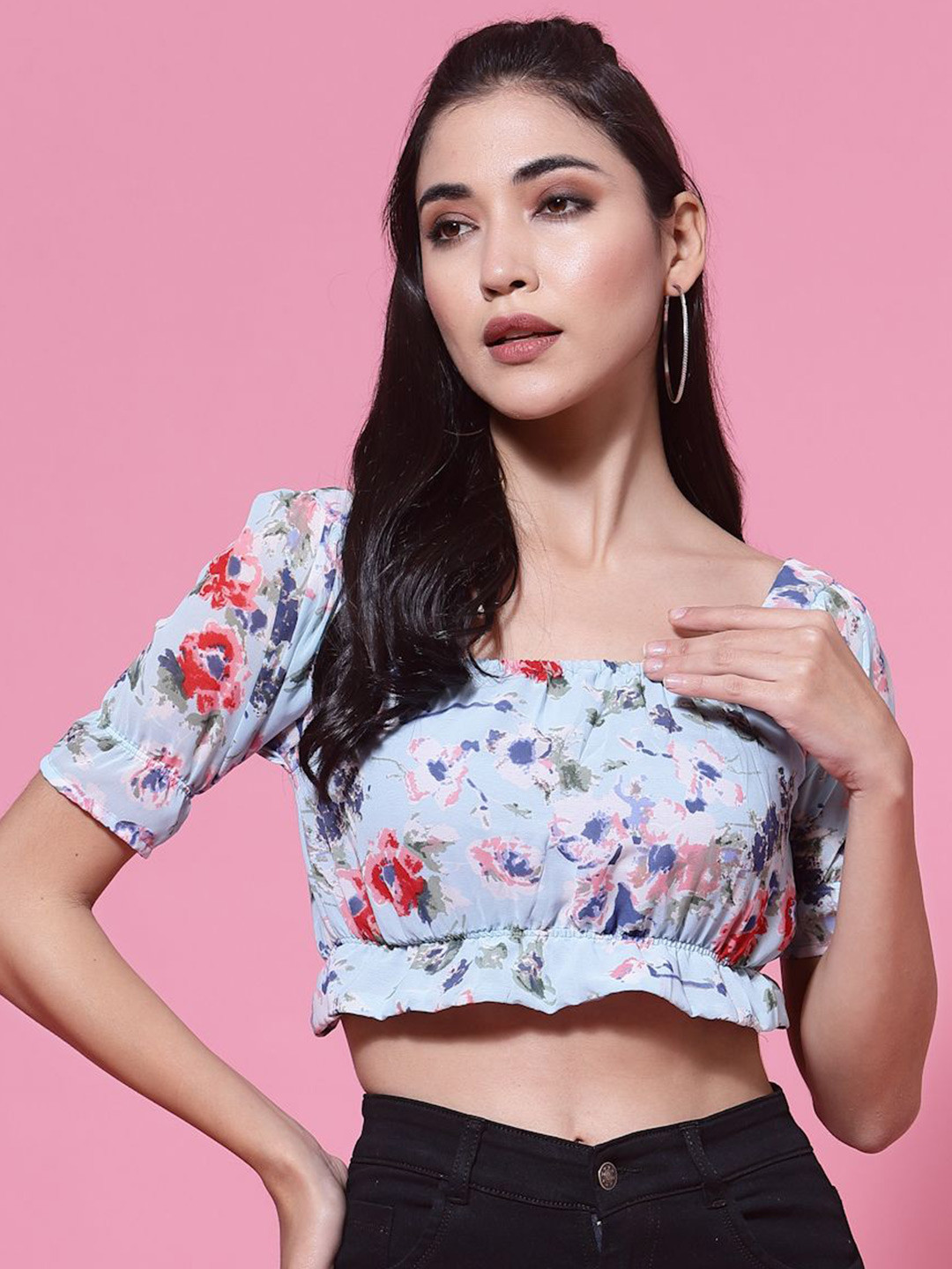 

DressBerry Floral Print Puff Sleeve Georgette Crop Top, Blue