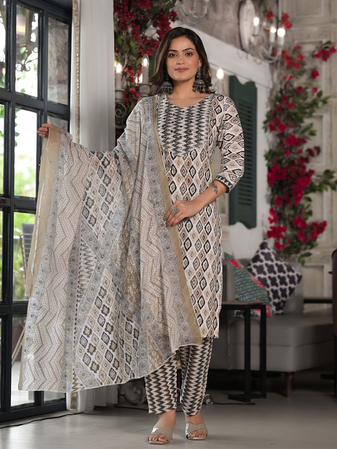 

Juniper Women Printed Regular Mirror Work Pure Cotton Kurta with Trousers & With Dupatta, Black