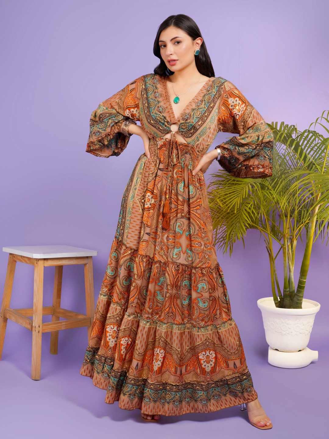 

Boholyfe Women Bohemian Print Fit & Flare Maxi Dress, Brown