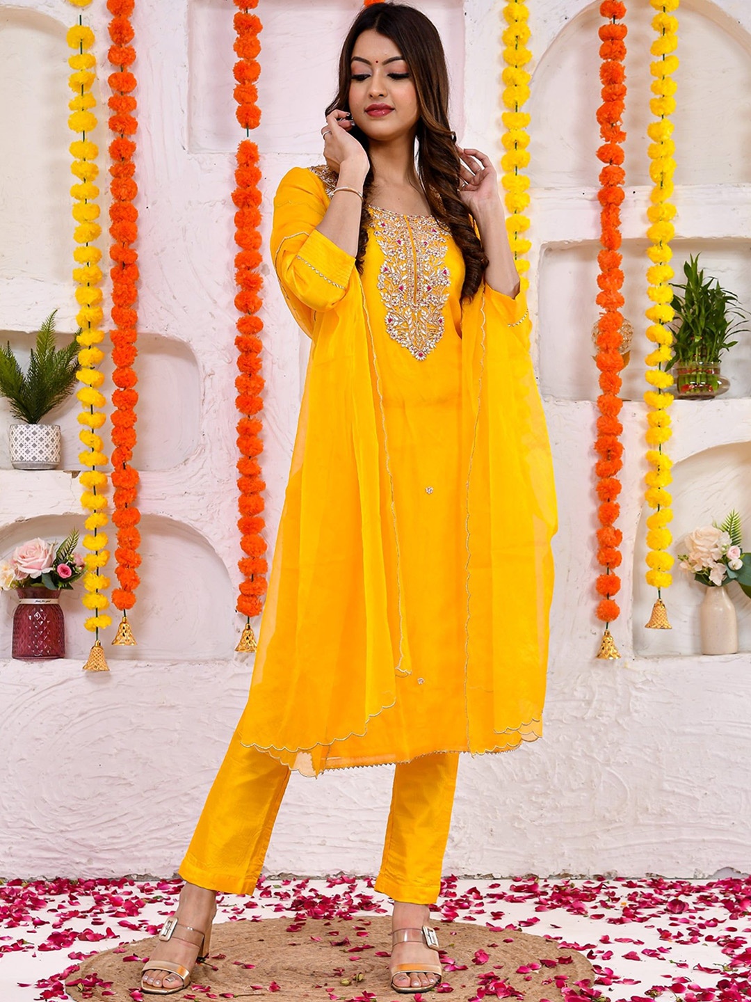 

DRESENCE Women Embroidered Regular Sequinned Pure Silk Kurta with Trousers & With Dupatta, Yellow