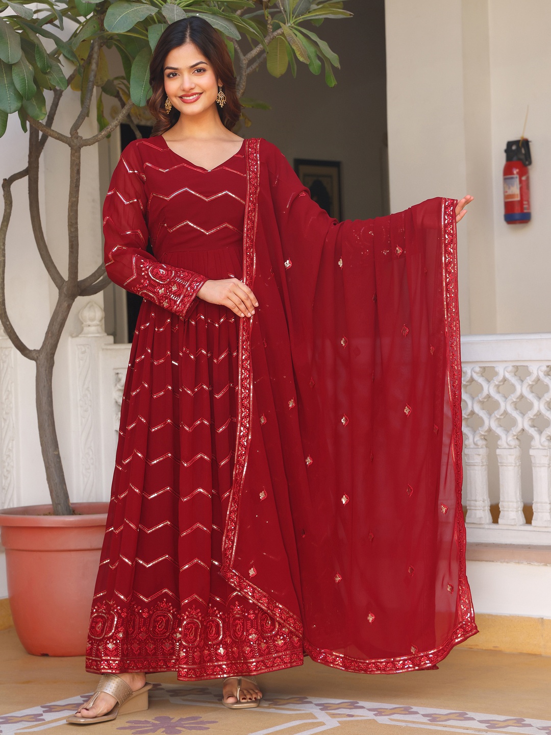 

KALINI Women Ethnic Motifs Embroidered Regular Sequinned Kurta with Pyjamas & With Dupatta, Maroon