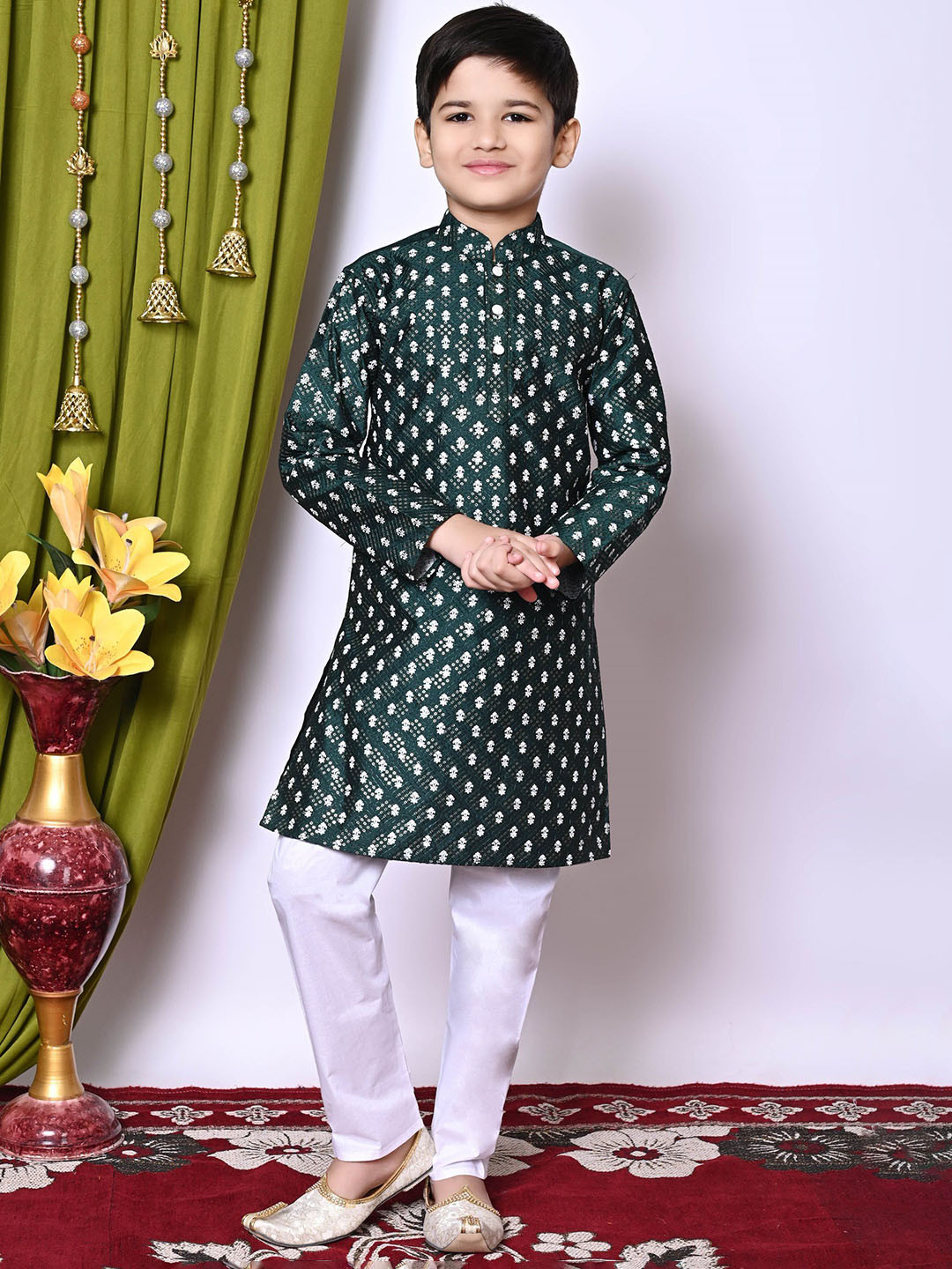 

NFC CREATION Boys Embroidered Regular Sequinned Dupion Silk Kurta with Pyjamas, Green