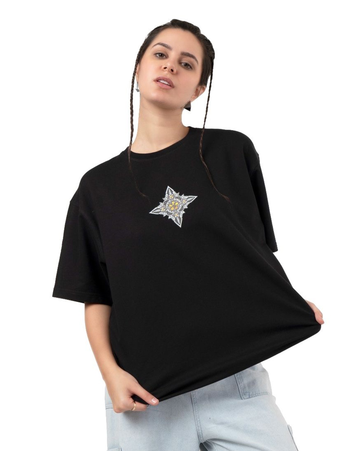 

RHINO CULT Women Printed Raw Edge T-shirt, Black