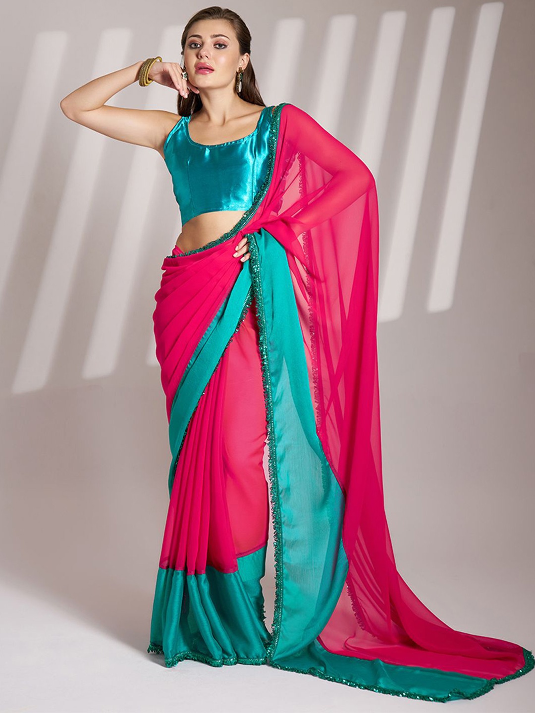 

modeva Colourblocked Sequinned Pure Chiffon Ready to Wear Saree, Pink